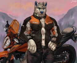  anthro belt blue_eyes blue_nose bottomwear canid canine canis clothing countershading digital_media_(artwork) fur gear grey_body grey_fur hands_on_hips hi_res jacket jacket_vest juiceps ktm male mammal motorcycle mountain muscular muscular_anthro muscular_male pants shaded solo topwear tuft vehicle vest wolf 