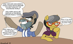  beard blush caballeron_(mlp) cape clothing daring_do_(mlp) dialogue duo english_text equid equine eyewear facial_hair female friendship_is_magic glasses hasbro horse male mammal my_little_pony pony strebiskunk text 