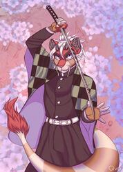  5_fingers anthro asian_clothing asian_mythology asian_sword belt black_clothing cherry_blossom clothing cosplay demon_slayer digital_drawing_(artwork) digital_media_(artwork) dragon east_asian_mythology eastern_dragon felid feline fingers floral_background flower givo hair hi_res holding_melee_weapon holding_object holding_sword holding_weapon horn hybrid inner_ear_fluff kamado_tanjirou katana kimetsu_no_yaiba looking_at_viewer male mammal melee_weapon mythological_creature mythological_scalie mythology plant prunus_(flower) scalie solo sword tail tail_fluff tanjiro_kamado tuft weapon whiskers white_hair 