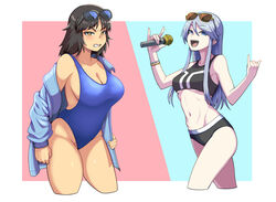  2girls bare_shoulders blue_eyes blue_hair blush bracelet breasts brown_eyes brown_hair cleavage collarbone commentary cowboy_shot cropped_legs eyewear_on_head flint_(girls_und_panzer) girls_und_panzer highres holding holding_microphone jacket jewelry large_breasts long_hair looking_at_viewer medium_breasts medium_hair microphone midriff multiple_girls murakami_(girls_und_panzer) navel one-piece_swimsuit open_mouth protected_link sideboob sleeveless stomach sunglasses swimsuit teeth tongue underboob yougata 