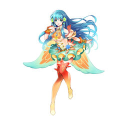  absurdres aqua_hair bare_shoulders blue_eyes boots bracelet breasts earrings eirika_(fire_emblem) eirika_(resplendent)_(fire_emblem) female fingernails fire_emblem fire_emblem:_the_sacred_stones fire_emblem_heroes flower frills full_body gradient_clothes hair_flower hair_ornament highres jewelry lips long_hair medium_breasts miniskirt official_art simple_background skirt solo thigh_boots thighhighs toyota_saori white_background wing_cape wings wrist_cuffs zettai_ryouiki 