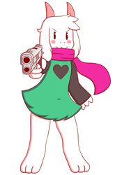  &gt;:3 anthro black_clothing blush bovid caprine chabooey clothing deltarune fur goat green_clothing gun heart_symbol hi_res horn male mammal pointing_gun_at_viewer ralsei ralsei_with_a_gun ranged_weapon red_clothing scarf simple_background solo standing undertale_(series) weapon white_background white_body white_fur 