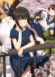  1boy 3girls admiral_(kancolle) anchor_symbol black_hair blue_dress blue_skirt blurry blurry_foreground blush branch brown_hair bug camera casual cherry_blossoms clenched_teeth collarbone commentary_request dress fubuki_(kancolle) fubuki_(spring_mode)_(kancolle) grass green_eyes hand_on_own_cheek hand_on_own_face high_kick highres holding holding_camera ichikawa_feesu isonami_(autumn_mode)_(kancolle) isonami_(kancolle) kantai_collection kicking kneehighs ladybug long_hair looking_at_viewer low_ponytail military military_uniform multiple_girls naval_uniform outdoors panties pantyshot petals pleated_skirt polka_dot polka_dot_dress ponytail sailor_collar school_uniform serafuku shirayuki_(kancolle) short_hair short_ponytail sidelocks skirt smile socks standing t-head_admiral taking_picture teeth teeth tree underwear uniform white_panties 