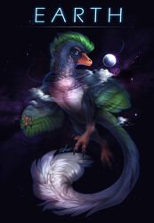  2019 absurd_res ambiguous_gender cosmic_background digital_media_(artwork) dinosaur dromaeosaurid extinct feathered_raptor feathered_wings feathers feral hi_res k-dromka prehistoric_species reptile scalie solo text theropod wings 