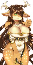  anthro areola big_breasts breasts brown_body brown_fur brown_hair cernunnos_(full_bokko_heroes) clothed clothing cyberconnect2 drecom female full_bokko_heroes fur green_eyes hair hi_res horn huge_breasts jewelry kemono looking_at_viewer mammal ruri_tsubame solo wide_hips 