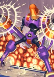  1boy arm_cannon armor blurry commentary_request depth_of_field dual_arm_cannons dutch_angle explosion firing grey_background highres looking_to_the_side male_focus mega_man_(series) mega_man_battle_network_(series) napalmman.exe netnavi solo sound_effects standing tesshii_(riza4828) weapon 