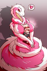  anthro belly_scales between_breasts big_breasts blush breasts closed_eyes duo feather_(7th-r) featureless_breasts female fluffy fluffy_tail fur furred_scalie furred_snake gradient_background head_between_breasts heart_reaction heart_symbol hi_res horn hug kobold larger_female male multicolored_body multicolored_fur neck_tuft open_mouth open_smile pictographics pink_body pink_fur rakkuguy reptile scales scalie simple_background size_difference smaller_male smile snake tail tail_coil tuft two_tone_body two_tone_fur white_body white_fur wide_hips yellow_eyes 