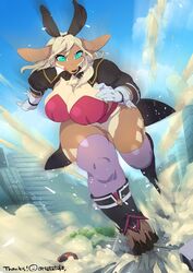  2022 anthro aurora_(osaki_eru) big_breasts biped blue_eyes blue_pupils blue_sky breasts brown_ears brown_face brown_legs building car chest_tuft cleavage clothed clothing cloud countershade_face countershade_legs countershade_torso countershading day deer destruction diamond_(marking) digital_media_(artwork) female female_anthro fur fur_tuft gloves hair hand_behind_back handwear hip_markings kemono leg_markings leggings legwear long_hair macro mammal markings monotone_breasts monotone_hair multicolored_body multicolored_fur open_mouth outside panties pupils purple_clothing purple_leggings purple_legwear raised_leg running sky skyscraper solo tan_body tan_breasts tan_countershading tan_face tan_hair tan_legs teteteko thigh_markings tuft two_tone_body two_tone_face two_tone_fur two_tone_legs underwear vehicle 