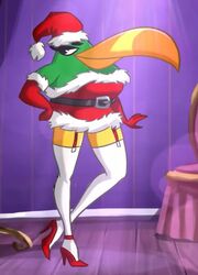  agri_birds angry_birds anthro avian bird christmas christmas_clothing christmas_headwear clothing female footwear fur green_body green_fur hal_(angry_birds) hat headgear headwear high_heels holidays long_beak rovio_entertainment rule_63 santa_hat sasha_(angry_birds) screencap sega solo unknown_artist 