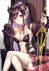  armpits black_choker black_hair black_nails breasts choker cleavage clothing_cutout collarbone colored_inner_hair crossed_legs demon_girl demon_horns detached_sleeves female grey_thighhighs halterneck highres holding holding_sword holding_weapon horns long_hair looking_at_viewer md5_mismatch multicolored_hair nail_polish navel navel_cutout original parted_lips pointy_ears red_eyes revealing_clothes sidelocks sitting solo sword thighhighs throne tsukasa_tsubasa weapon 