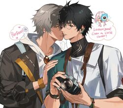  ... 2boys banned_artist black-framed_eyewear black_hair black_jacket blush caelus_(honkai:_star_rail) camera chinese_clothes dan_heng_(honkai:_star_rail) dan_heng_(next_stop_yi_county)_(honkai:_star_rail) earrings english_text eyeliner female glasses green_eyes grey_hair highres holding holding_camera honkai:_star_rail honkai_(series) imminent_kiss jacket jewelry long_jacket long_sleeves looking_at_viewer lyoo_(gajyago) makeup male_focus march_7th_(honkai:_star_rail) medium_hair multiple_boys pink_hair red_eyeliner short_hair smile trailblazer_(honkai:_star_rail) yaoi yellow_eyes 