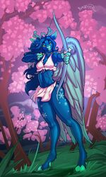  2020 3:5 anthro blue_body blue_fur blue_hair brolaren day deer detailed_background digital_media_(artwork) feathered_wings feathers female forest fur grass hair hi_res holding_object holding_weapon mammal midriff outside plant solo tree weapon wings 