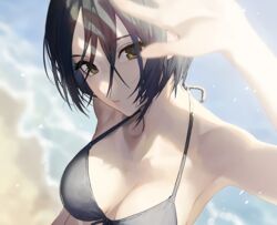  bikini black_hair breasts cleavage close cropped hayami_kanade idolmaster idolmaster_cinderella_girls mossi short_hair swimsuit 