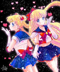  2girls aino_minako back_bow bishoujo_senshi_sailor_moon black_background blonde_hair blowing_kiss blue_eyes blue_sailor_collar blue_skirt bow bowtie choker closed_mouth codename_wa_sailor_v collarbone commentary cowboy_shot crescent crescent_earrings crescent_facial_mark crop_top double_bun earrings elbow_gloves facial_mark floating_hair gloves hair_bun hair_ornament hairbow heart highres hoshikuzu_(milkyway792) jewelry long_hair magical_girl midriff miniskirt multiple_girls navel pleated_skirt profile red_bow red_bowtie sailor_collar sailor_moon sailor_senshi_uniform sailor_v skirt smile standing stomach tsukino_usagi twintails very_long_hair white_choker white_gloves 