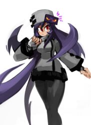  33dot black_skirt commentary_request cosplay female filia_(skullgirls) fingerless_gloves fur_hat gloves grey_hat grey_jacket grey_pantyhose guilty_gear guilty_gear_strive hat high_collar highres jacket korean_commentary living_hair long_hair millia_rage millia_rage_(cosplay) pantyhose partial_commentary power_connection prehensile_hair purple_hair red_eyes samson_(skullgirls) skirt skullgirls solo standing ushanka very_long_hair white_background white_gloves 