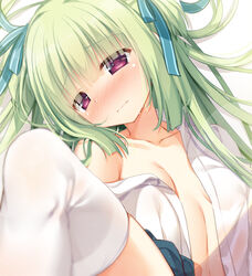  blue_ribbon blue_skirt blunt_bangs blunt_ends blurry blush breasts breasts_apart cariboy close-up closed_mouth collarbone collared_shirt commentary depth_of_field embarrassed eyelashes eyes_visible_through_hair female foreshortening frown green_hair hair_over_shoulder hair_ribbon hair_spread_out head_tilt hime_cut lens_flare long_hair looking_to_the_side midriff miniskirt murasame_(senren) navel nose_blush off_shoulder open_clothes open_shirt out-of-frame_censoring pleated_skirt red_eyes ribbon senren_banka shirt sidelocks simple_background skirt small_breasts solo thighhighs two_side_up white_background white_shirt white_thighhighs 