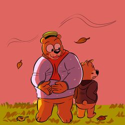  1:1 2021 absurd_res anthro autumn autumn_leaves bear beargarbage biped black_nose blush boo-boo_bear brown_body clothing duo hanna-barbera hi_res hoodie humanoid_hands jellystone_(hbo_max) leaf male mammal outside scarf slightly_chubby sweater topwear yogi_bear yogi_bear_(character) 