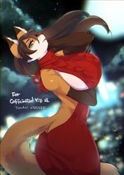  2021 anthro ass backless_clothing backless_dress bare_back bare_shoulders big_breasts biped blue_eyes blue_pupils breasts brown_body brown_fur brown_hair butt_cleavage butt_pose canid canine cheek_tuft clothed clothed_anthro clothed_female clothing cloud countershade_face countershade_torso countershading digital_media_(artwork) digital_painting_(artwork) dipstick_ears dress ear_markings eyebrows eyelashes facial_tuft female female_anthro fox full_moon fur fur_tuft gloves_(marking) hair hair_between_eyes kemono leaning leaning_backward light_body long_hair mammal markings meme meme_clothing monotone_clothing monotone_dress monotone_hair moon multicolored_body multicolored_ears multicolored_fur night open-butt_dress orange_body orange_fur outside portrait pose pupils red_clothing red_dress red_fox ribbed_clothing side_boob sleeveless sleeveless_dress smile solo sweater sweater_dress tail teteteko three-quarter_portrait topwear true_fox tuft turtleneck virgin_killer_sweater white_body white_countershading white_fur 