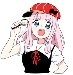  :d arm_up blue_eyes cabbie_hat cropped_arms cropped_torso detective doyagao female fujiwara_chika hat holding kaguya-sama_wa_kokurasetai_~tensai-tachi_no_renai_zunousen~ magnifying_glass open_mouth pink_hair school_uniform shuuchiin_academy_school_uniform simple_background smile smug solo tonmoh upper_body white_background 