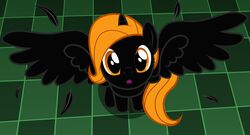  2021 badumsquish black_body black_fur derpibooru equid equine fan_character feathered_wings feathers female fur hair hasbro hi_res looking_at_viewer looking_up mammal metal my_little_pony mythological_creature mythological_equine mythology open_mouth orange_eyes orange_hair pegasus ponification solo wings 