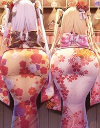  2girls absurdres ahoge ass ass_focus back bent_over black_ribbon blonde_hair festival from_behind hair_ornament hair_ribbon highres huge_ass japanese_clothes kimono long_hair multiple_girls niliu_chahui obi original pantylines ribbon sash siblings sisters tokisaki_asaba_(niliu_chahui) tokisaki_mio_(niliu_chahui) two_side_up very_long_hair white_hair yukata 