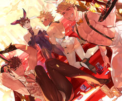  4boys ;d animal_ears areola_slip ass belial_(granblue_fantasy) black_gloves black_hair black_leotard brown_hair champagne_flute chippendales commentary_request cup drinking_glass dutch_angle earrings fake_animal_ears fake_tail fishnet_pantyhose fishnets garter_straps gloves granblue_fantasy grin high_heels highres jewelry kneeling leotard lobelia_(granblue_fantasy) looking_at_viewer looking_back male_focus male_playboy_bunny multiple_boys natsuko_(summer_525528) one_eye_closed open_mouth pantyhose poker_chip rabbit_ears rabbit_tail seofon_(granblue_fantasy) smile stairs suspenders tail tray undercut vane_(granblue_fantasy) white_legwear 