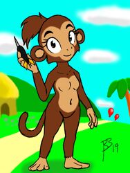  2019 4_fingers anthro balloon biped black_eyebrows black_eyes bloon bloons_tower_defense blue_sky breasts brown_body brown_breasts brown_ears brown_fur brown_hair brown_nose brown_tail casual_nudity cloud dart dart_monkey_(bloons) day detailed_background eyebrows eyelashes featureless_breasts featureless_crotch female fingers flat_colors fur hair hand_feet haplorhine holding_dart holding_object hut inflatable looking_at_viewer mammal monkey navel ninja_kiwi nude outside palm_tree path plant primate red_balloon sdych signature sky slope small_breasts smile solo standing tail tree year 