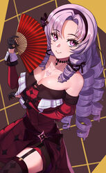  absurdres argyle_clothes argyle_legwear bare_shoulders black_gloves breasts chest_tattoo choker cleavage dress drill_hair eyelashes female folding_fan garter_straps gloves h.kai hair_ornament hair_ribbon hairband hand_fan high-low_skirt highres huge_breasts hyakumantenbara_salome hyakumantenbara_salome_(1st_costume) juliet_sleeves long_hair long_sleeves looking_at_viewer narrow_waist nijisanji off_shoulder parted_bangs puffy_sleeves purple_eyes purple_hair purple_ribbon red_dress ribbon scorpion_tattoo simple_background smile solo star_(symbol) star_hair_ornament star_in_eye symbol_in_eye tattoo thighhighs virtual_youtuber 