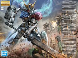  absurdres bandai battle box_art character_name copyright_name fake_box_art firing garm_rodi glowing glowing_eye graze_(mobile_suit) gun gundam gundam_barbatos gundam_barbatos_lupus gundam_tekketsu_no_orphans highres holding holding_gun holding_sword holding_weapon looking_down mecha no_humans open_hand robot science_fiction solo_focus sword v-fin weapon zen_(jirakun) 