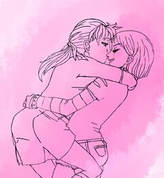  birch_small denim_shorts hair_ribbon hugging kiss_on_nose kneehighs lifting_person long_sleeves miniskirt my_life_me pink_background ponytail sandra_le_blanc short_hair short_sleeves spiked_bracelet spiked_collar yuri 