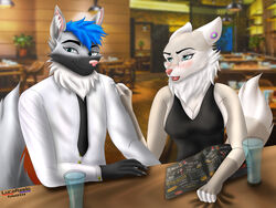  absurd_res amorous anthro blue_eyes blue_hair canid canine canis clothing curvy_figure detailed_background dinner dress duo ear_piercing fan_character female fingering fist glass hair hi_res jye lucareelo male male/female mammal open_mouth piercing restaurant romantic romantic_couple skye_(amorous) suit teasing water wolf 