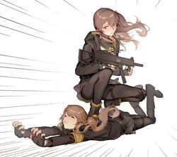  2girls 404_logo_(girls_frontline) armband artist_request brown_hair closed_eyes fingerless_gloves girls_frontline gloves gun h&amp;k_ump h&amp;k_ump45 hair_ornament hairclip hood hooded_jacket jacket lowres multiple_girls scar scar_across_eye siblings sisters submachine_gun surfing twins twintails ump45_(girls_frontline) ump9_(girls_frontline) weapon 