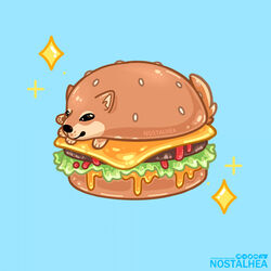  1:1 ambiguous_gender burger canid canine canis cheems doge dogelore domestic_dog food food_creature hi_res humor looking_at_viewer mammal meme nostalhea pun shiba_inu signature solo sparkles sparkling_character spitz visual_pun 