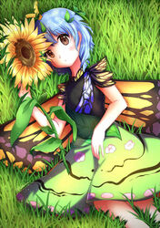  antennae aqua_hair blush brown_eyes butterfly_wings dress eternity_larva fairy female flower grass green_dress hair_between_eyes insect_wings leaf leaf_on_head multicolored_clothes multicolored_dress parted_lips short_hair short_sleeves solo sunflower touhou wings yellow_flower yuikannon 