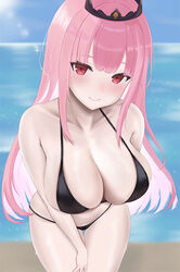  absurdres armpit_crease beach bikini black_bikini black_tiara blue_sky blunt_bangs blush breasts cleavage closed_mouth collarbone commentary day english_commentary female hand_on_own_leg highres hololive hololive_english huge_breasts leaning_forward long_bangs long_hair looking_at_viewer mori_calliope ocean outdoors pink_eyes pink_hair sky smile solo stomach string_bikini sunlight swimsuit thighs tiara virtual_youtuber water wennananyan wet 