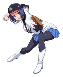  ball baseball baseball_(object) baseball_cap baseball_mitt baseball_uniform black_hat black_pantyhose blue_hair blue_skirt boots chiba_lotte_marines commentary_request dark_blue_hair female full_body hat highres holding holding_ball idolmaster idolmaster_(classic) knee_boots long_sleeves looking_at_viewer miura_azusa nigou nippon_professional_baseball open_mouth pantyhose pleated_skirt shirt short_sleeves simple_background skirt smile solo sportswear white_background white_footwear white_shirt 