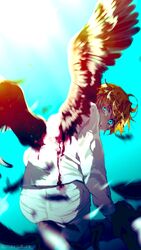  aqua_background aqua_eyes bird_wings blood blood_on_clothes bloody_wings cowboy_shot crying day emma_(yakusoku_no_neverland) english_commentary feathered_wings feathers female from_behind glowing glowing_eyes highres injury long_sleeves looking_at_viewer looking_back mau_sakura messy_hair motion_blur orange_hair pants shirt short_hair sky solo tears white_shirt wings yakusoku_no_neverland 