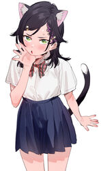  :o animal_ears black_hair blue_skirt bow bowtie cat_ears cat_tail cowboy_shot female fumi-chan_(subachi) green_eyes hair_ornament highres light_frown looking_at_viewer multicolored_hair open_mouth original purple_hair school_uniform shirt simple_background skirt subachi sweatdrop tail white_background white_shirt 