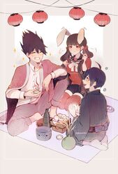  2boys alternate_costume artist_name black_hair blunt_bangs brown_hair closed_eyes danganronpa_(series) danganronpa_v3:_killing_harmony dango english_commentary facial_hair female food fruit goatee grin hair_ornament hakamii harukawa_maki highres indian_style jacket knee_up lantern long_hair long_sleeves low_twintails momota_kaito multiple_boys open_mouth pants paper_lantern plaid plaid_skirt pleated_skirt print_shirt purple_hair red_eyes red_legwear red_scrunchie red_shirt saihara_shuichi sanbou school_uniform scrunchie serafuku shirt short_hair sitting skirt smile sparkle spiked_hair susuki_grass thighhighs tsukimi tsukimi_dango twintails wagashi white_shirt 