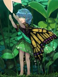  alternate_eye_color antennae aqua_hair bare_legs barefoot blush butterfly_wings dress eternity_larva fairy female full_body green_dress green_eyes hair_between_eyes highres insect_wings leaf leaf_on_head multicolored_clothes multicolored_dress open_mouth outdoors piyodesu short_hair short_sleeves smile solo standing touhou wings 