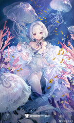  breasts butterflyfish choker cleavage copyright_request coral dress female fish frilled_choker frills highres jellyfish looking_at_viewer purple_eyes senryoko smile solo starfish_hair_ornament strapless strapless_dress tropical_fish underwater white_dress white_hair 