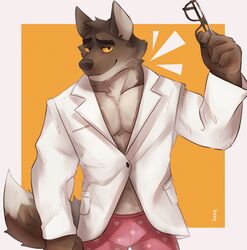  2021 5_fingers absurd_res anthro biped boxers_(clothing) brown_body brown_fur canid canine canis clothed clothing dreamworks eyewear fingers fur glasses heart_boxers heart_clothing heart_symbol heart_underwear hi_res holding_eyewear holding_glasses holding_object jacket looking_at_viewer makowolf1 male male_anthro mammal mr._wolf_(the_bad_guys) muscular muscular_anthro muscular_male pecs pink_clothing pink_underwear solo the_bad_guys topwear underwear white_clothing white_jacket white_topwear wolf yellow_sclera 