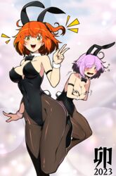  2girls ahoge animal_ears blush bow bowtie breasts cleavage covering_breasts covering_privates detached_collar fate/grand_order fate_(series) fujimaru_ritsuka_(female) hair_over_one_eye highres leg_up mash_kyrielight multiple_girls orange_eyes orange_hair pantyhose playboy_bunny purple_eyes purple_hair rabbit_ears taru_neko v wrist_cuffs 