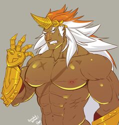  1boy abs bara dark-skinned_male dark_skin fire_emblem fire_emblem_heroes gigan_(uramakigigan) helbindi_(fire_emblem) highres horns large_pectorals male_focus multicolored_hair muscular muscular_male navel open_mouth orange_hair pectorals red_eyes scar single_horn solo two-tone_hair white_hair 