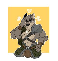  anthro armor athletic athletic_anthro athletic_male canid canine canis chest_tuft clawed_fingers clothed clothing fangs far_beyond_the_world_(series) fur hand_on_head head_tuft heart_symbol jewelry male mammal multicolored_body multicolored_fur muscular muscular_anthro muscular_male one_eye_closed partially_clothed pendant ranok_(far_beyond_the_world) simple_background solo teeth telltalecoyote topless topless_anthro topless_male tuft two_tone_body two_tone_fur wolf yellow_background 