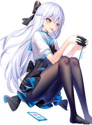  artist_name black_bow black_pantyhose black_skirt blue_nails blue_sailor_collar blush bow braid brown_eyes cellphone clenched_teeth commentary_request controller female game_controller hair_between_eyes hairbow hands_up highres holding knees_up long_hair looking_away mouth_hold nail_polish no_shoes original pantyhose phone playing_games pleated_skirt puffy_short_sleeves puffy_sleeves ririko_(zhuoyandesailaer) saegusa_riko sailor_collar shirt short_sleeves simple_background sitting skirt solo teeth two-sided_fabric two-sided_skirt v-shaped_eyebrows very_long_hair watermark white_background white_hair white_shirt 