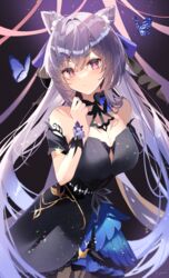  black_dress breasts bug butterfly cleavage cone_hair_bun double_bun dress female genshin_impact hair_bun highres keqing_(genshin_impact) keqing_(opulent_splendor)_(genshin_impact) kokonex large_breasts looking_at_viewer official_alternate_costume purple_eyes purple_hair single_hair_bun solo twintails 