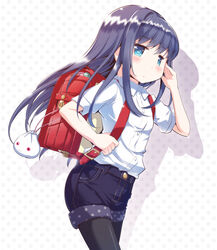  aged_down backpack bag black_hair black_pantyhose black_shorts blue_eyes blush breasts chauke closed_mouth collared_shirt commentary_request dress_shirt drop_shadow female hand_up holding_strap long_hair looking_at_viewer magia_record:_mahou_shoujo_madoka_magica_gaiden mahou_shoujo_madoka_magica md5_mismatch nanami_yachiyo pantyhose pantyhose_under_shorts photoshop_(medium) polka_dot polka_dot_background randoseru shirt short_shorts short_sleeves shorts small_breasts solo standing very_long_hair white_background white_shirt 