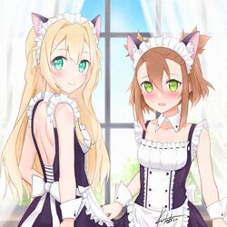  2girls alternate_costume animal_ears apron black_dress blonde_hair blush brown_hair cat_ears doi_tamako dress embarrassed enmaided frills green_eyes hair_between_eyes highres iyojima_anzu kutatsu_(kutatsu7) long_hair looking_at_viewer maid maid_apron maid_headdress multiple_girls nogi_wakaba_wa_yuusha_de_aru open_mouth puffy_sleeves ribbon short_hair short_sleeves smile white_apron yuusha_de_aru 