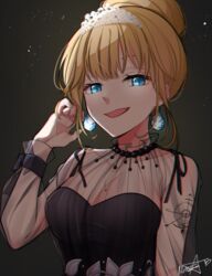  arm_tattoo black_background black_dress blonde_hair blue_eyes breasts cleavage commentary diamond_earrings dress earrings english_commentary female glowing glowing_eyes hair_bun hololive hololive_english jewelry looking_at_viewer medium_breasts mittsu mole mole_on_breast official_alternate_costume official_alternate_hairstyle short_hair single_hair_bun smile solo strapless strapless_dress tattoo upper_body virtual_youtuber watson_amelia watson_amelia_(party_dress) 